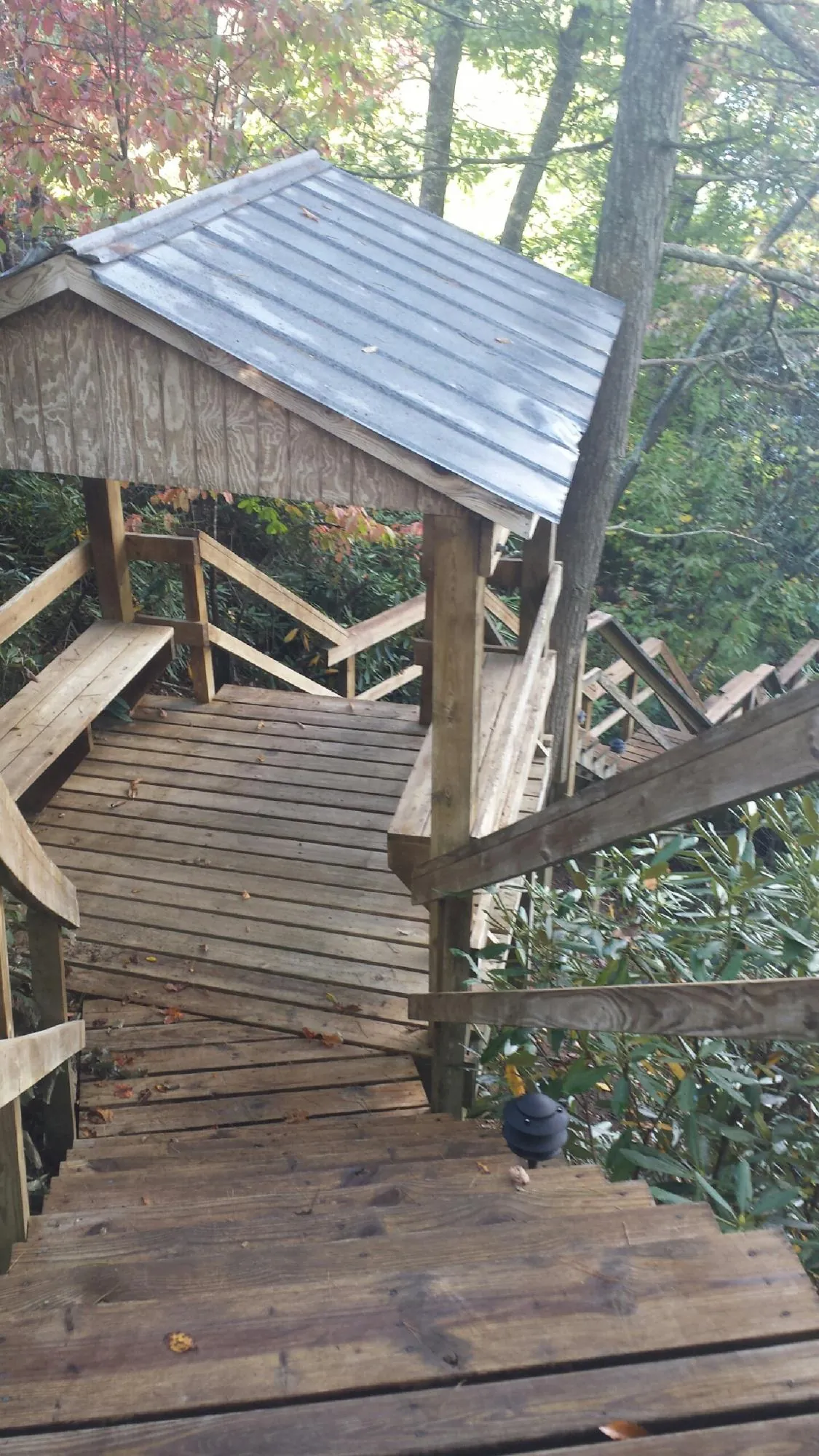 Metal roofed shelter over wooden steps on a wooded walkway — Skylight Repair & Installation work by our crew in Alcolu